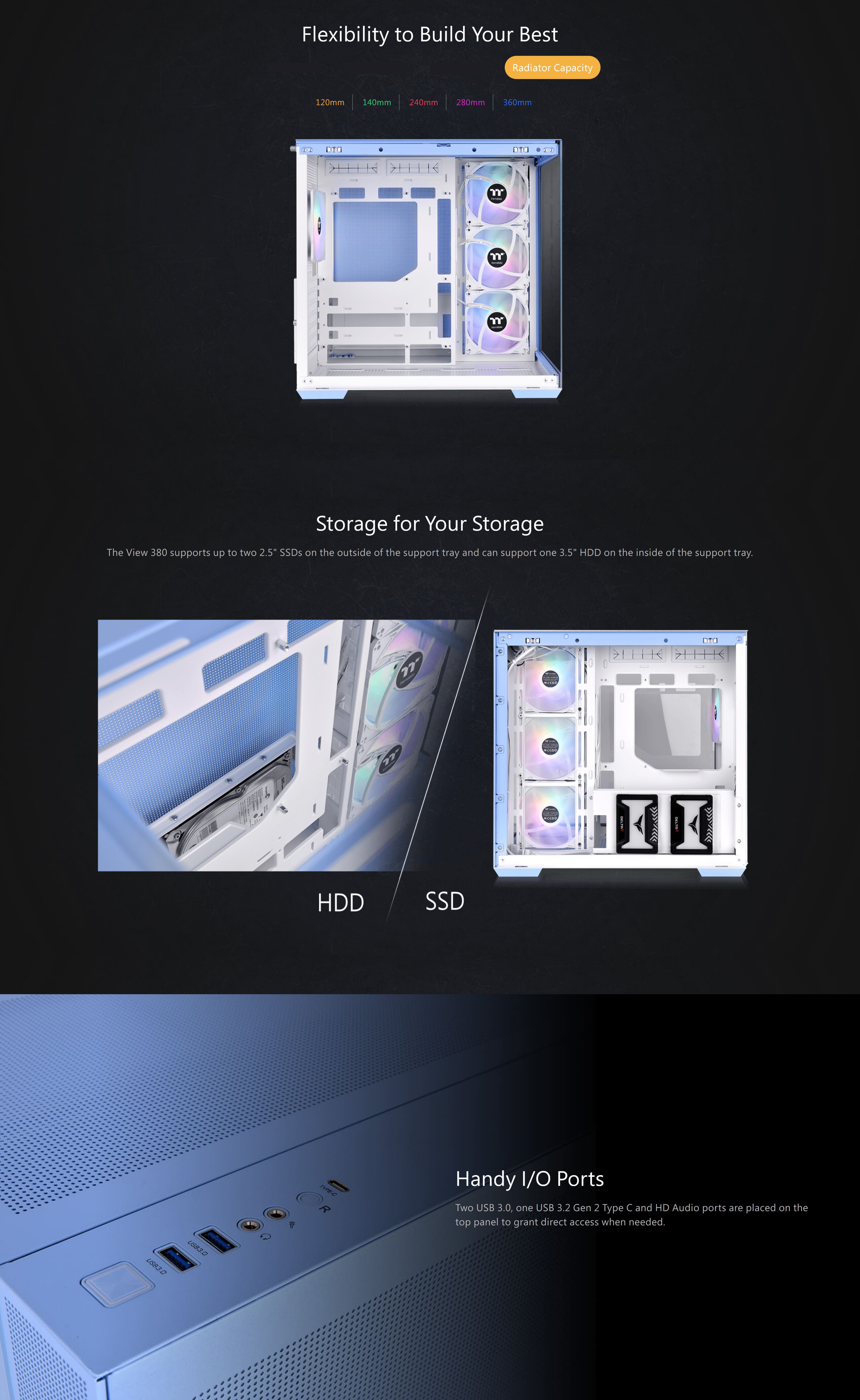 A large marketing image providing additional information about the product Thermaltake View 380 TG - Mid Tower Case (Hydrangea Blue) - Additional alt info not provided